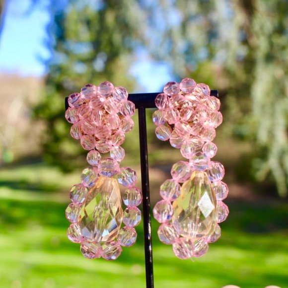 New Clear Crystal Acrylic Dangle Drop Earrings Pink Big Dangle Fresh Spring - Picture 1 of 13